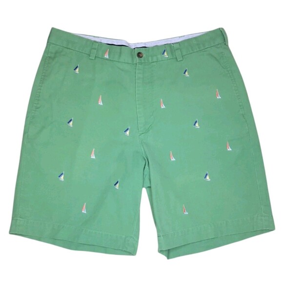 Brooks Brothers Chino Shorts Embroidered Sailboats Men 34 Green Golf 9.5" Inseam - Picture 1 of 5